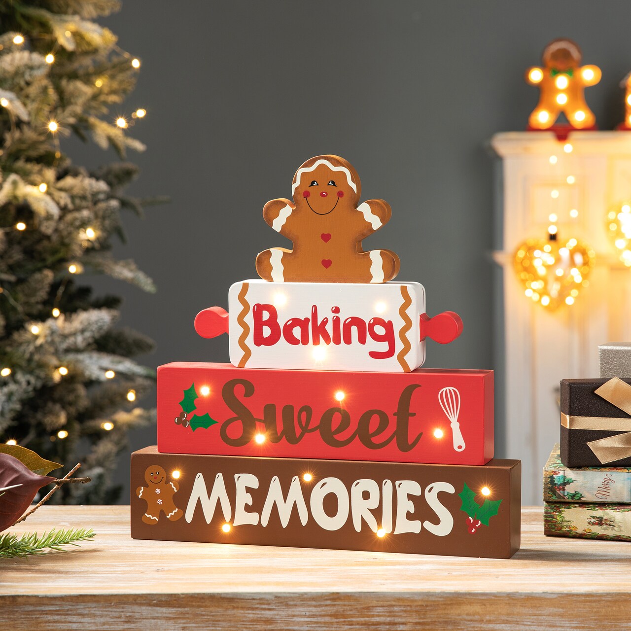 Set of 2 12"H Lighted Wooden Christmas Gingerbread Man Block Table Decor